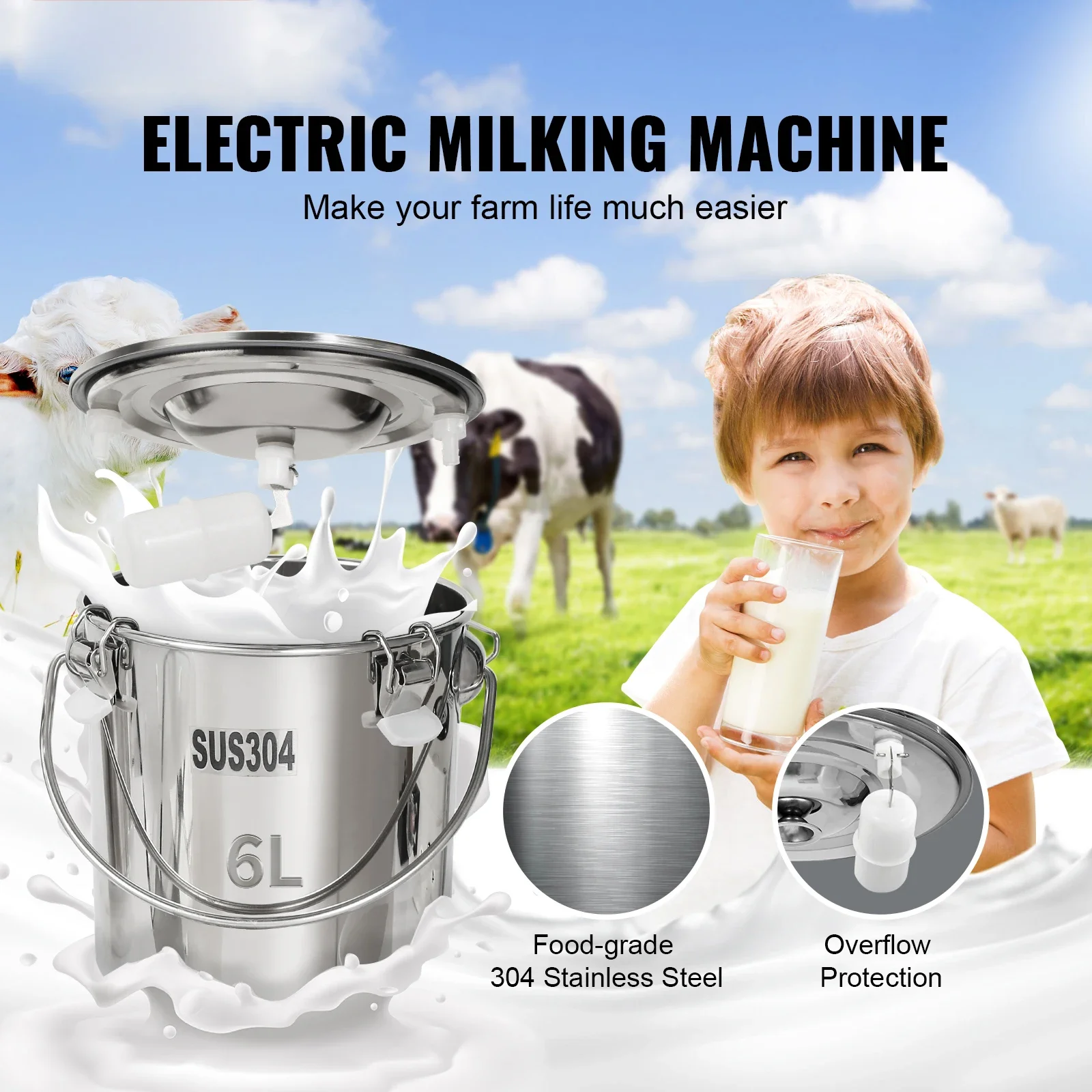 Goat Milking Machine Stainless Steel Bucket Electric Automatic Pulsation Cup Tubes Adjustable Suction for Cow and Sheep