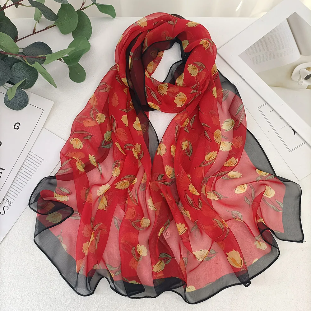 Magnolia Flower Print Women Elegant Chiffon Georgette Bandana Scarf Summer Beach Sunscreen Thin Hijab Headband Shawl