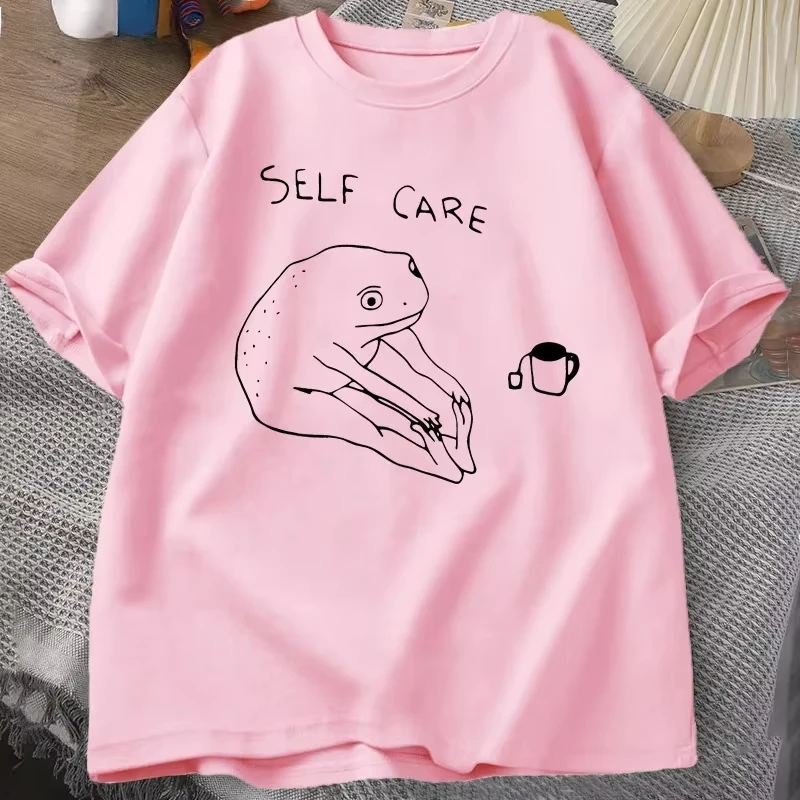 Funny Frog Self Care T-Shirt Retro Frog Printed Tshirt Women Summer Round Neck Sleeve Tee Shirt Streetwear Aesthetic Clothes