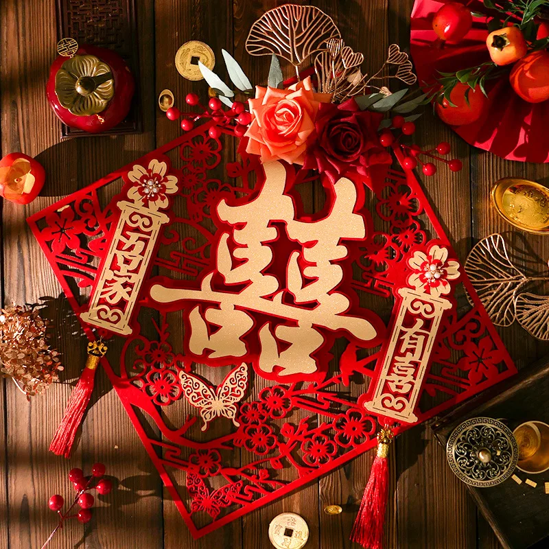 

Chinese Wedding Xizi High-grade Floral Door Stickers Self-Adhesive Bridal Room Decoration Photo Props Door Wedding Bedroom Decor