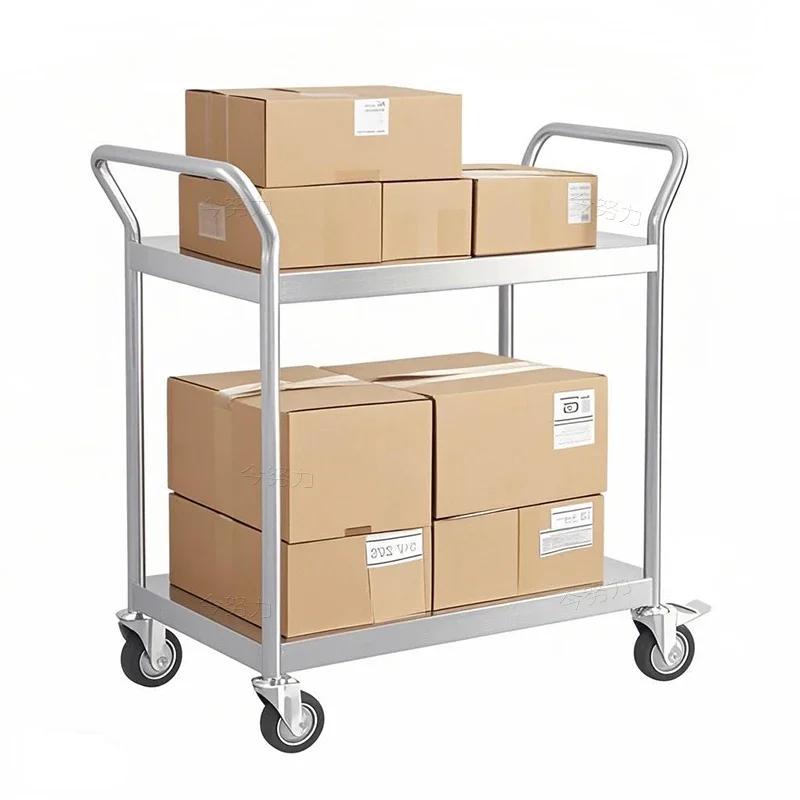 Stainless steel double-layer thickened trolley Station equipment Laboratory instrument handling Silent tools Flat trolley