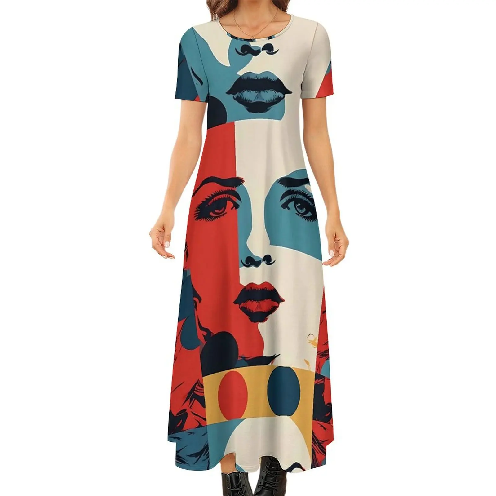 

Lady Face Dress Pop Art Print Elegant Maxi Dress Female Short Sleeve Street Wear Boho Beach Long Dresses Big Size 6XL 7XL