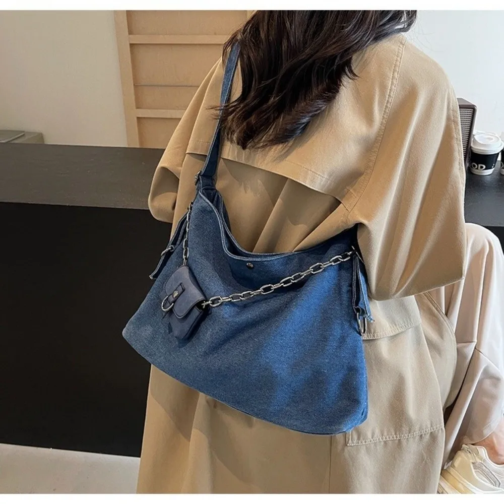 

With Small Bag Denim Shoulder Bag Large Capacity Retro Handheld Tote Bag Cross Body Korean Style Women's Chain Crossbody Bag