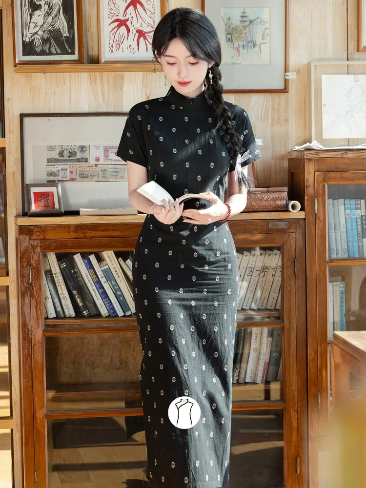 

Длинное женское платье-ципао в стиле ретро из хлопка и льна в черный горошек, дышащее и комфортное, с коротким рукавом, для похудения