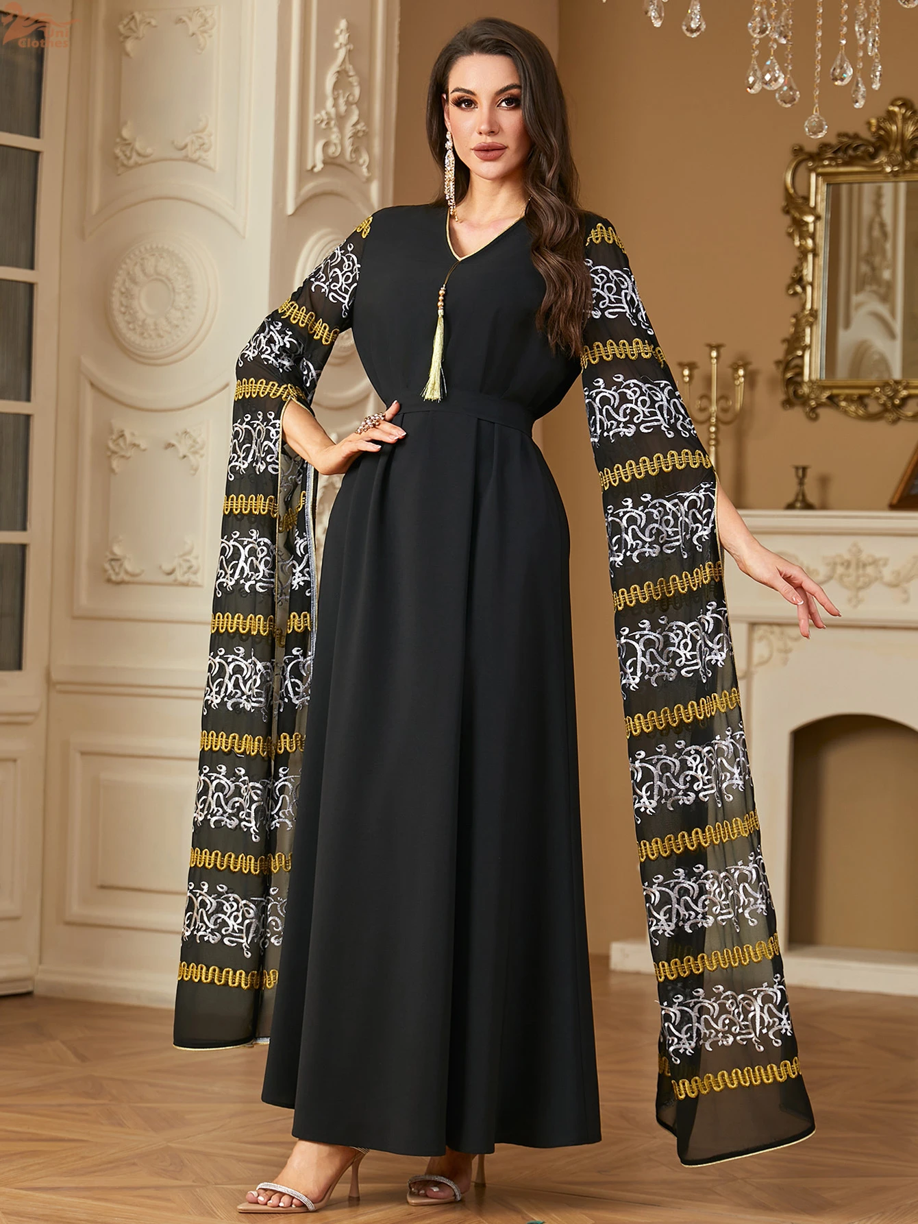 New In Dress Rhinestone Patchwork Floral Print Islamic Long Dress Muslim Dubai Turkey Arab Elegant Abaya For Femme 2024 ﻿