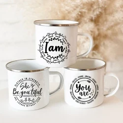 I Am/you Are Strong Beautiful Christian Enamel Mugs Outdoor Travel Coffee Cup Drink Dessert Milk Vintage Handle Drinkware Gifts