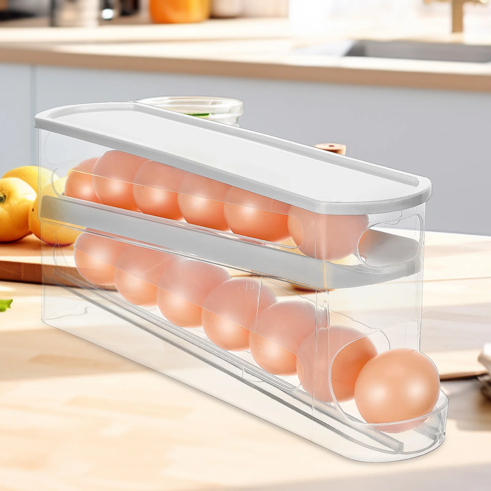 

Distributor Tiered Automatic Egg Roller Clear Fridge Organizer Space Saving Refrigerator Storage Box Kitchen Pantry Egg