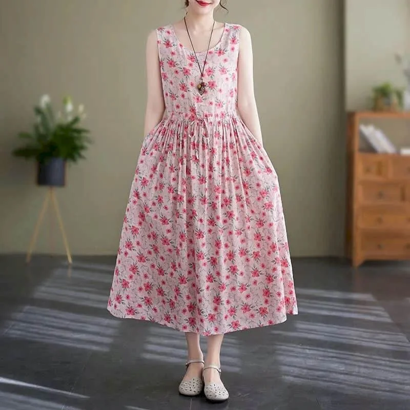 Women Dresses Cotton Linen Summer Vintage Pink Printed Sleeveless A-line Loose Korean Style Mid-Calf Dress for Women Clothing