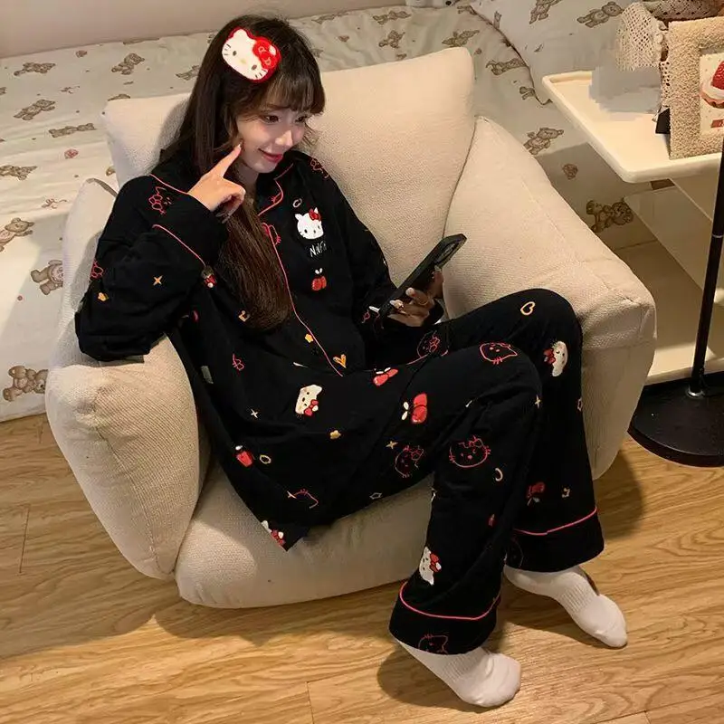 

Корейские модные женские пижамы в мультяшном стиле для весны и осени, милый молодежный комплект с длинными рукавами и брюками, удобная домашняя одежда для студентов