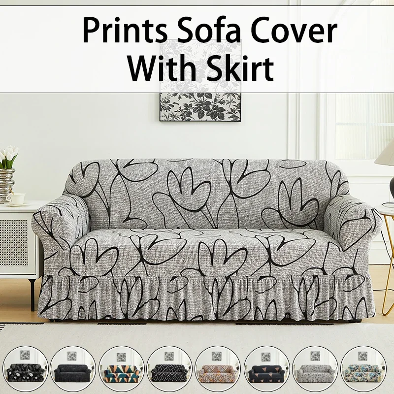 1 PC Prints Sofa Cover with Skirt Full Coverage Elastic Sofa Cover Decorate The Sofa in The Living Room Multiple Color SofaCover
