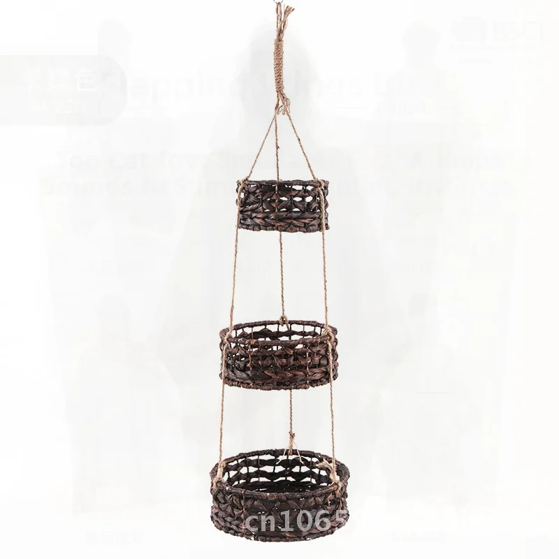 Handcrafted Three-Layer Straw round Gourd Hanging Basket Flower Pot Hollow Design for Balcony Garden Dark Coffee Color
