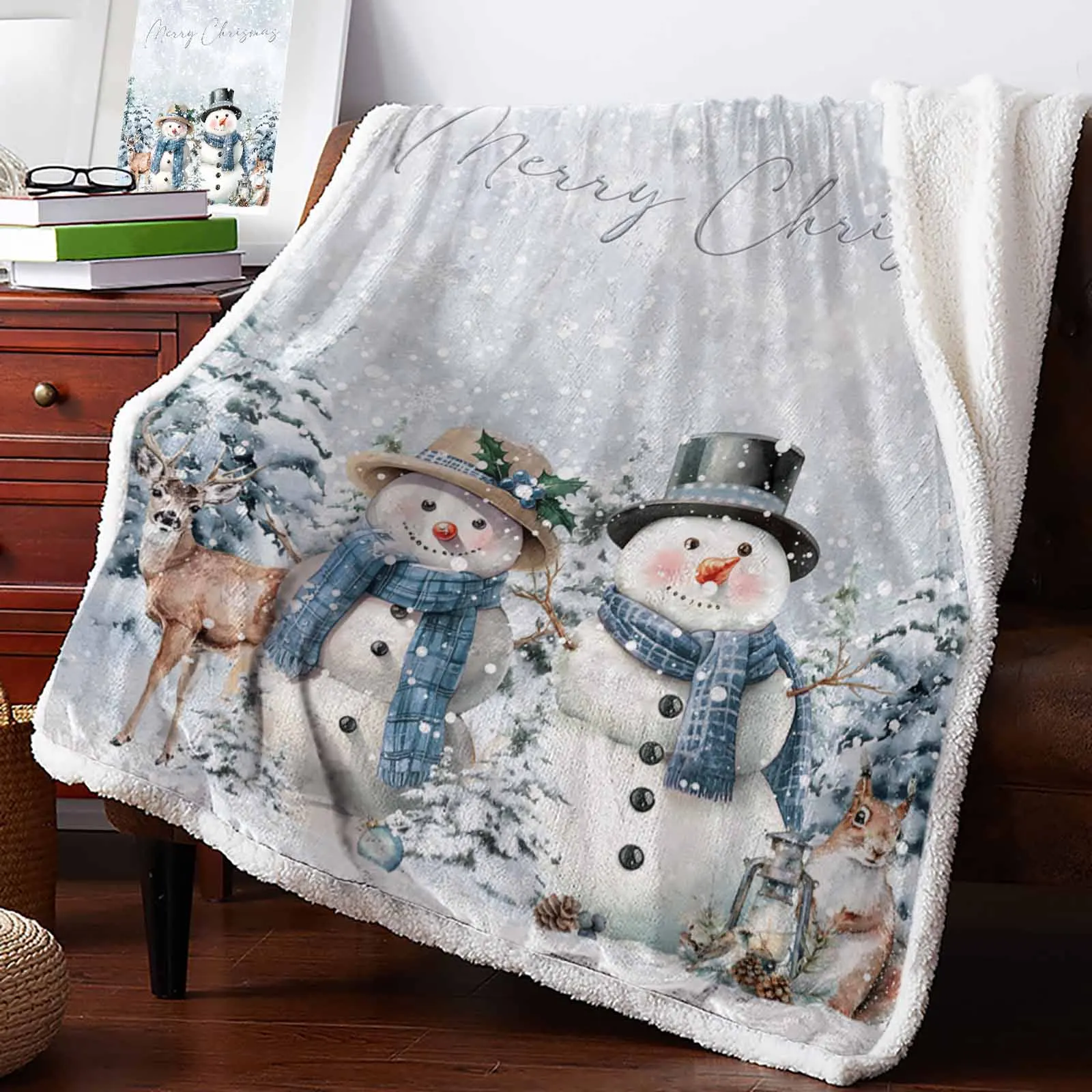 Christmas Snowman Tree Elk Squirrel Winter Warm Cashmere Blanket Office Sofa Soft Throw Blanket Kids Bed Bedspread