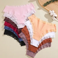 5Pcs Women Ribbed Cotton Bikini Sexy Underwear Low‑Rise Thong Floral Lace Trim G-String Breathable Ladies Panties Lady Briefs 2