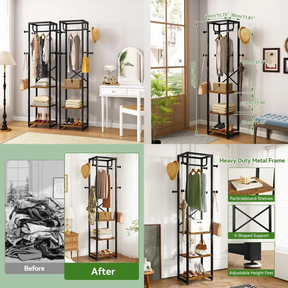 

Отдельностоящая вешалка для одежды с 3-ярусными полками и 8 крючками, в индустриальном стиле, цвет рустик-коричневый, UTMJ088H