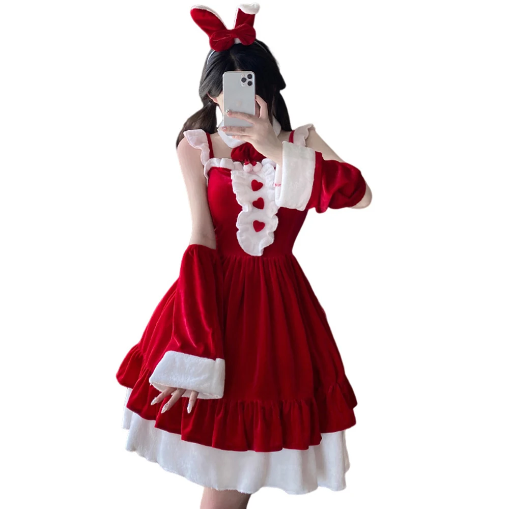 Vestido Vintage de Navidad para mujer, vestido de fiesta de terciopelo, corte en A, Kawaii, lindo, Santa Claus, dulce conejito, princesa Lolita