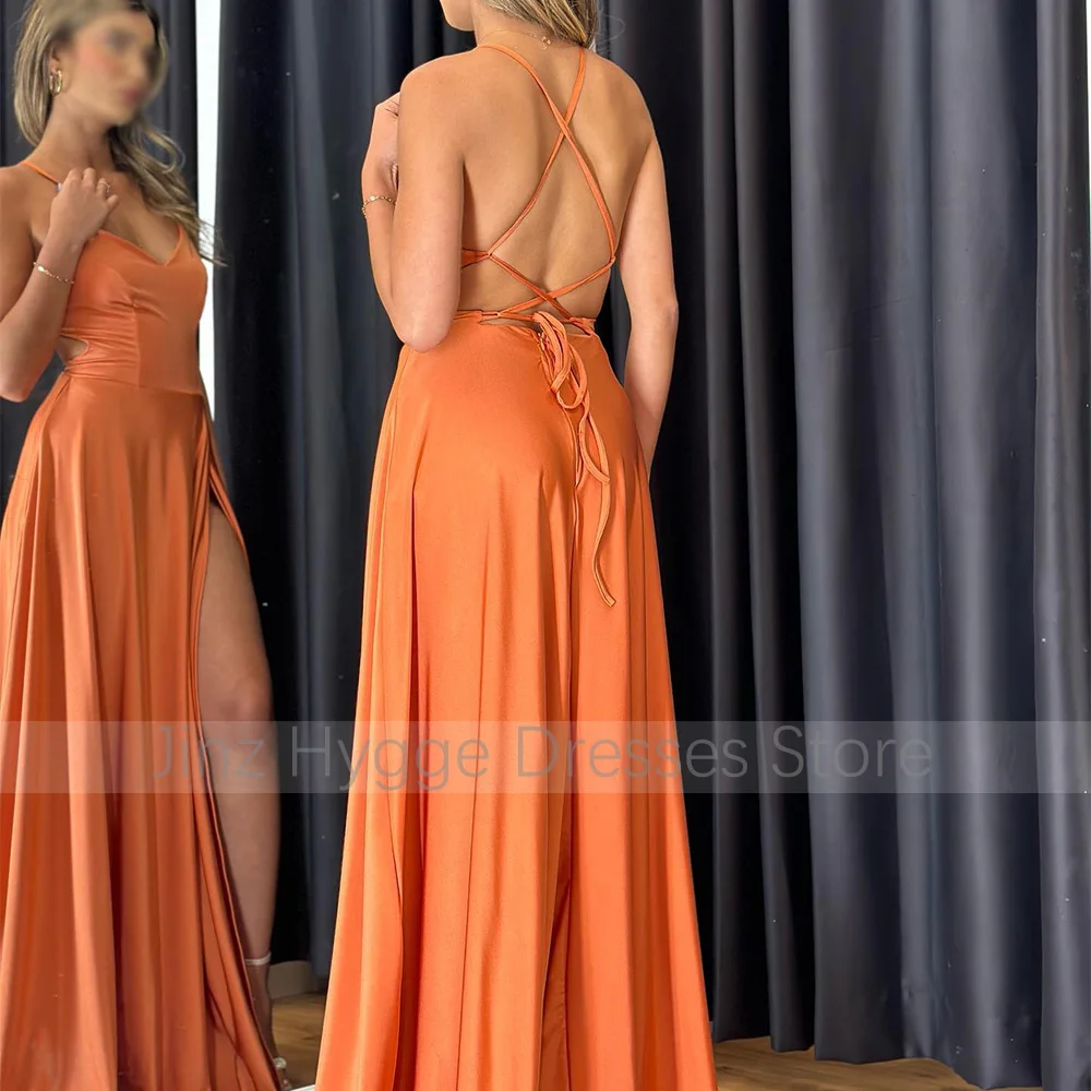 Orange Graduation Dresses Spandex A Line Spaghetti Straps V Neck Prom Gowns for Youth 2024 Criss-Cross Split Simple Prom Dress