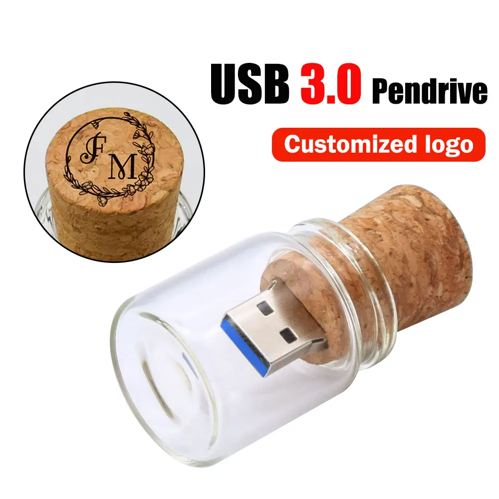USB 3.0 U Disk Стеклянная бутылка для дрейфа с пробковым флэш-накопителем Pendrive 4 ГБ 8 ГБ 16 ГБ 32 ГБ 64 ГБ 128 ГБ Свадебный подарок (бесплатный логотип)