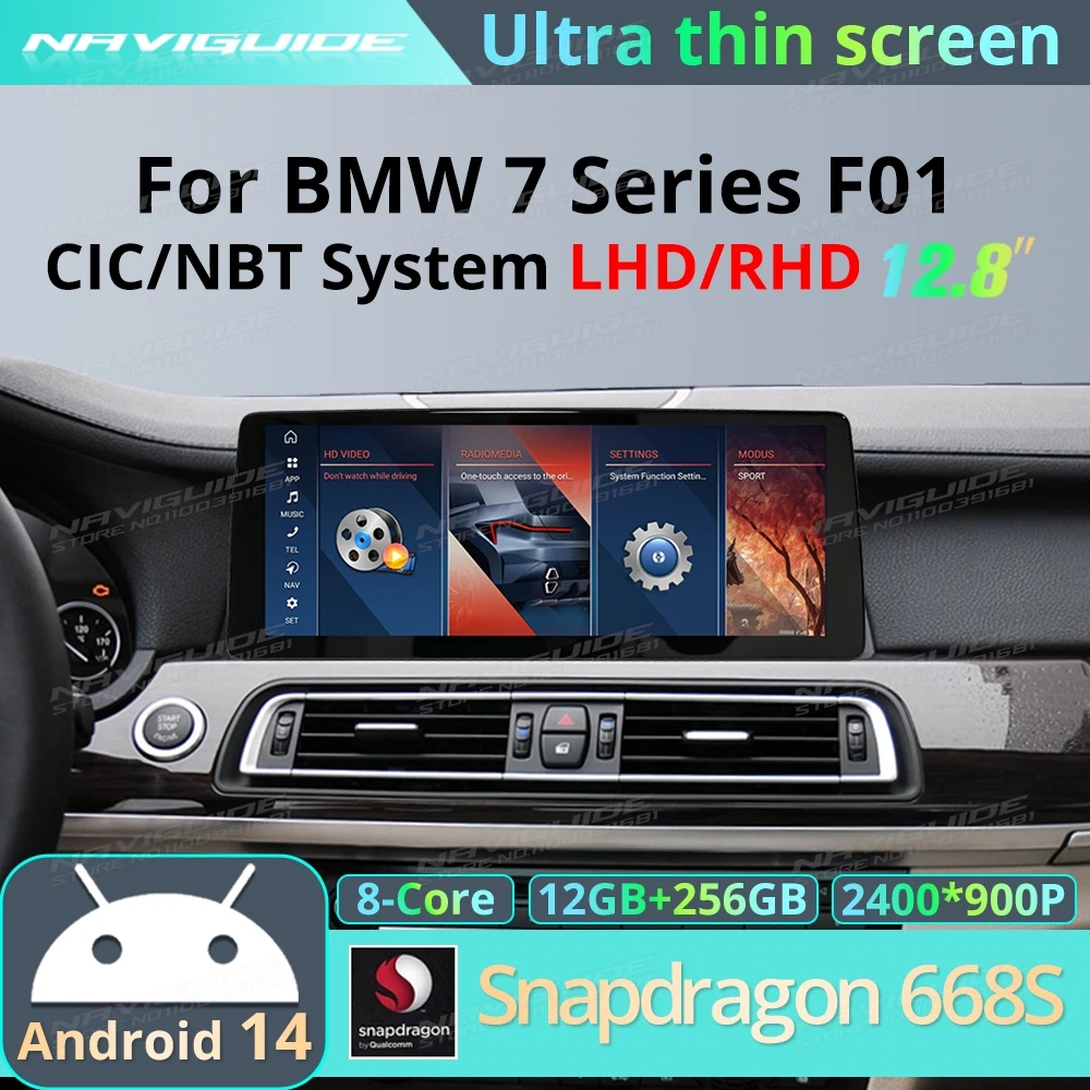 

NAVIGUIDE 12.8″ Android14 Ultra thin screen For BMW 7 Series F01 CIC NBT System Wireless CarPlay Android Auto Multimedia Player