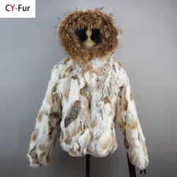 New Russian Women Real Rabbit Fur Coats Winter Warm 100% Natural Rabbit Fur Jacket Lady Warm With Raccoon Fur Hooded Outerwear