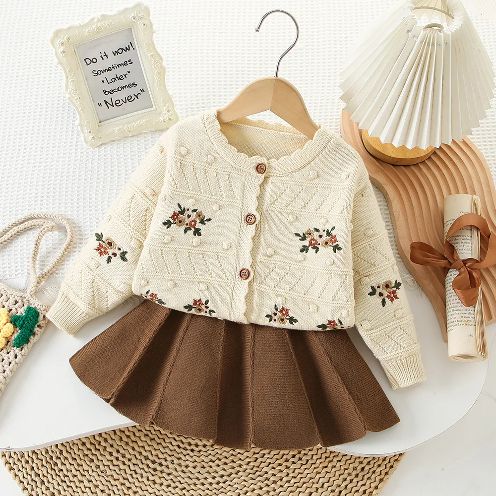 

Girls Knitted Clothes Sets Spring Autumn Children Woolen Jersey Sweaters Coats Skirts Princess Dress Suit For Baby Outfits Kids