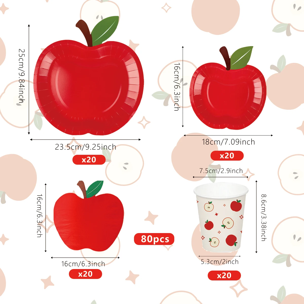 Plateau en papier en forme de pomme pour réveillon de noël, vaisselle jetable, assiettes, gobelets, mouchoirs, ensemble de vaisselle de fête, décoration d'anniversaire, 80 pièces