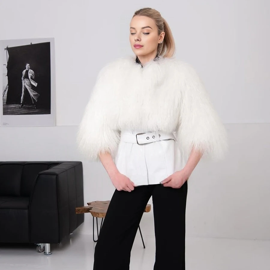 معطف نسائي قصير من جلد الغنم بدون ياقة معطف فرو خروف تبتي أبيض من الصوف الطبيعي سترة منفوخة على الموضة الأكثر مبيعًا