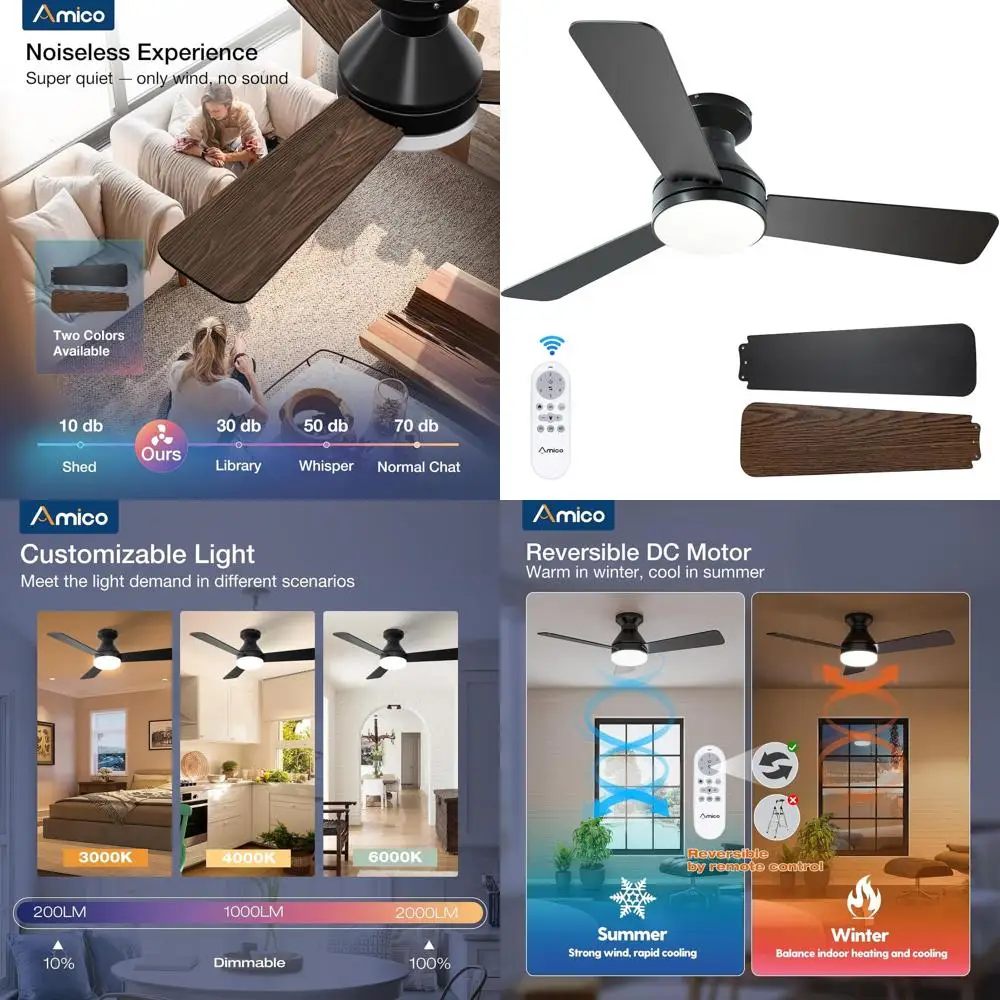 

Потолочный вентилятор 42 дюйма с низким профилем, с подсветкой, пультом ДУ, скрытым монтажом, реверсивный, 3 скорости, с регулировкой яркости, бесшумный, черный, для спальни и улицы