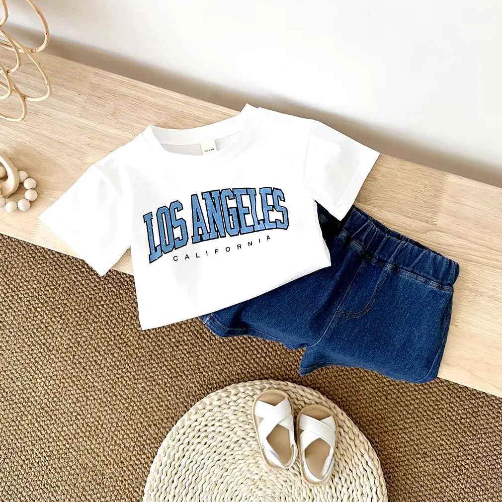 Summer Newborn Baby Clothes 2PCS Boys Clothes Girls Outfit Set Toddler Letter Printed Short Sleeved T-Shirt+Denim Shorts