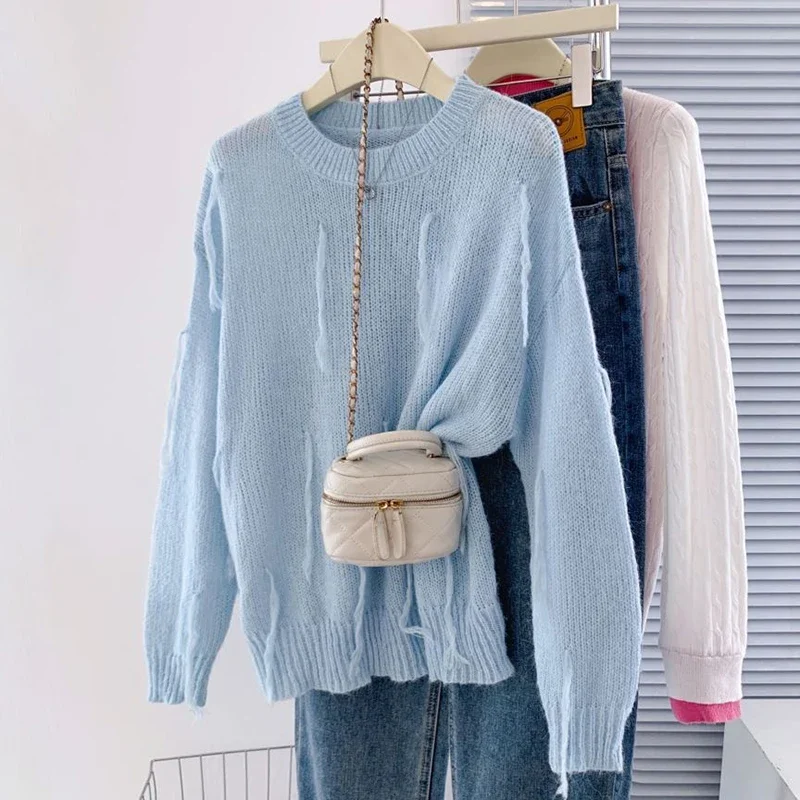 

Autumn Winter Woman Korean Girl Vintage Mohair Pullovers Tassels Sweater Long Sleeve Knitwears New