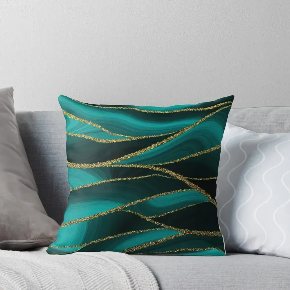 Emerald Green Malachite Faux Marble Waves With Gold Glitter Throw Pillow pillows decor home pillow pillowcase pillow