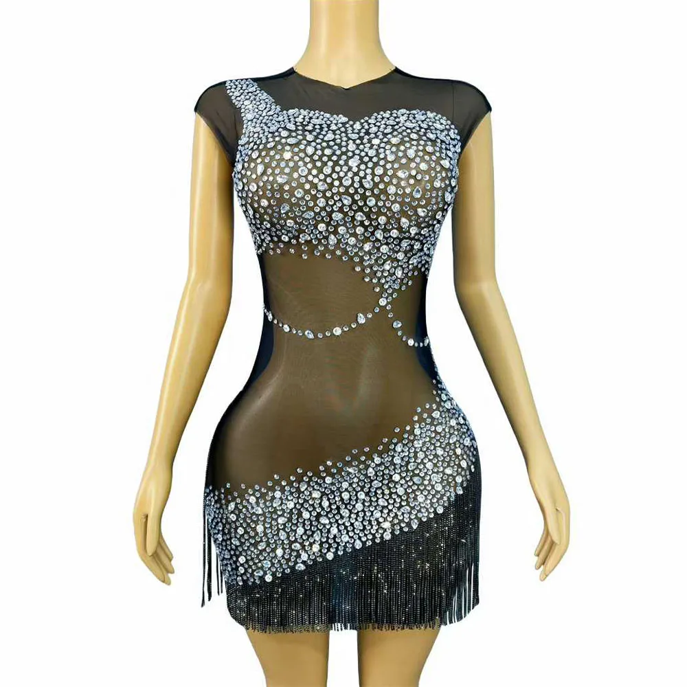 Vestido negro transparente sexi de lujo hecho a mano con cadenas de cristales centelleantes y diamantes de imitación para mujer, vestido de fiesta para espectáculo, vestido de actuación en escenario