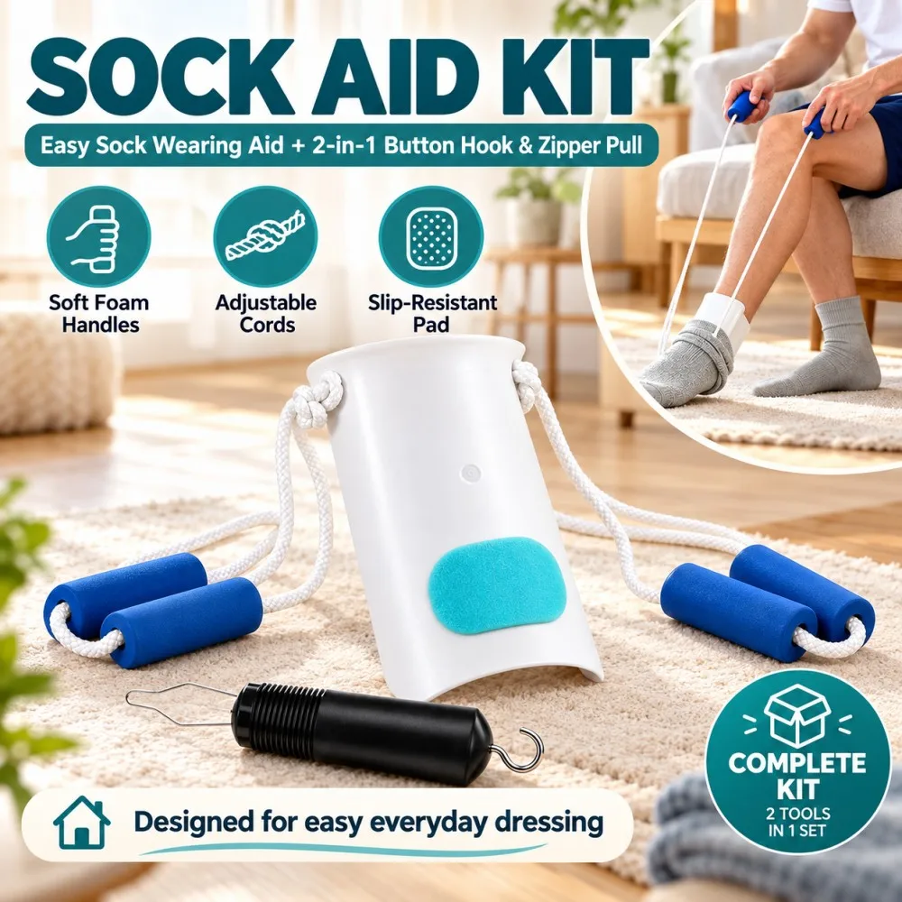 Sock Aid and Button Hook Dressing Aid for Seniors Portable No Bending Sock Wearing Helper Stocking Puller Dressing Assist Tool