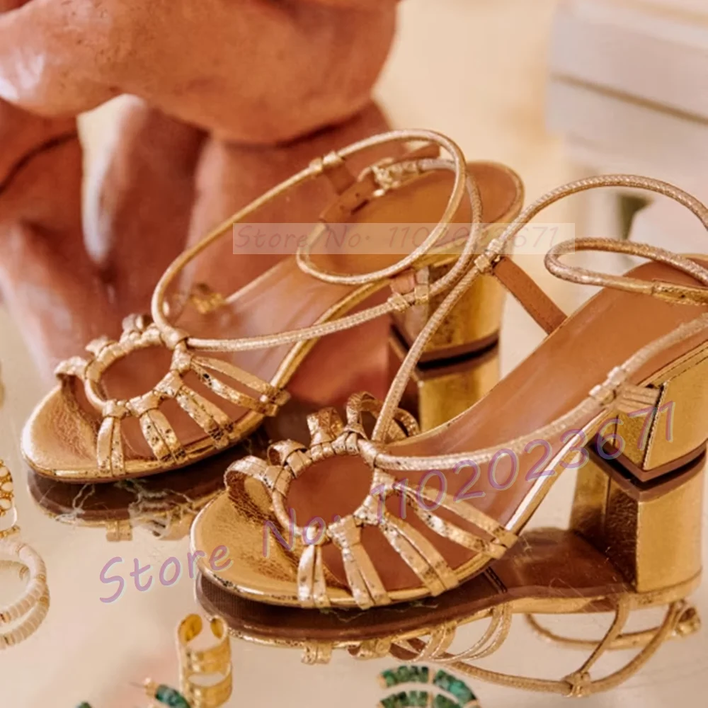 Chic Purple Ring Sandals Women Elegant Block Mid Heels Cross Strap Dress Shoes Ladies Summer Crackle Metallic Leather Sandals