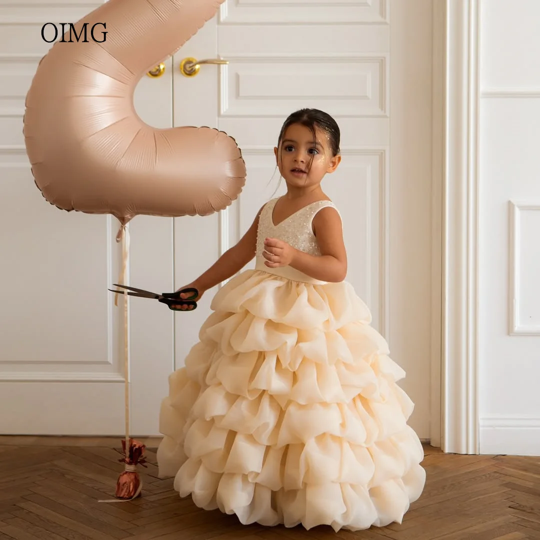 

OIMG V Neck Sequined A Line Flower Girl Dresses Backless Tiered Wedding Party Dress Floor Length Birthday Dress Customized