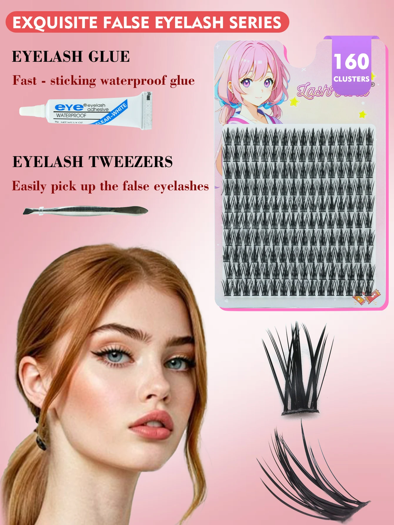 160 clusters of false eyelashes set, including eyelash glue and tweezers, a three-in-one set, high cost performance.