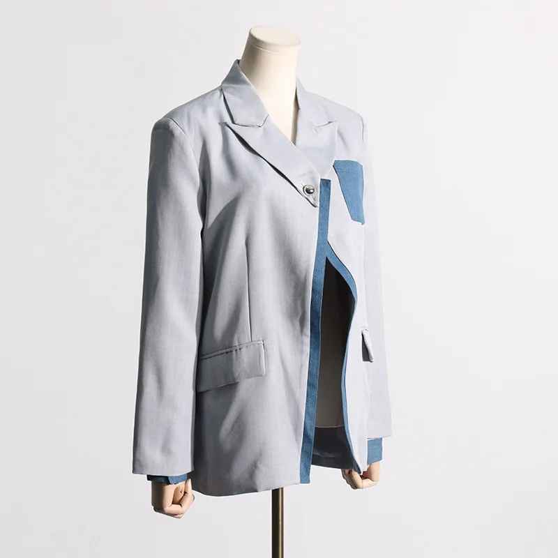 ANJY Autumn New Women Fashionable Fake Two-Piece Patchwork Denim Blazer Elegant Temperament Chic Ins Single Button Design A13018