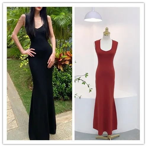 7564 Thai Style Water Drop Square Neck Slimming Off-Shoulder Sleeveless Waist-Cinching Bodycon Mermaid Tank Long Dress Summer