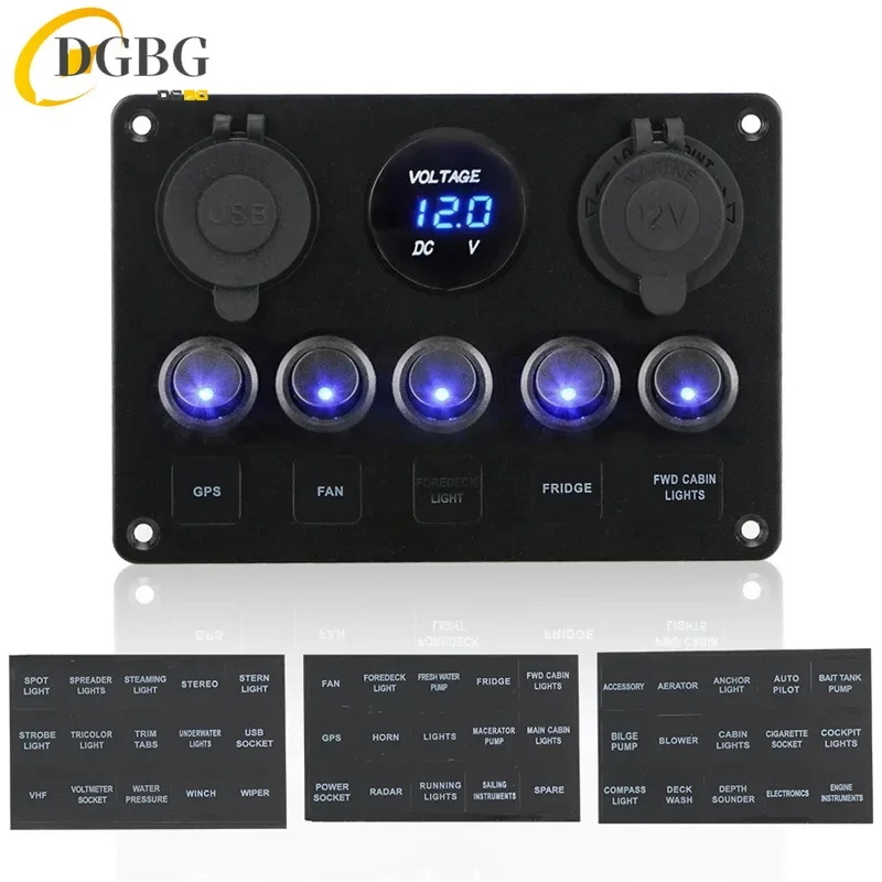 

5 Gang 12V Waterproof Intergrated Switch Panel Digital Voltmeter Dual USB Port For Boat Car Marine LED Rocker Accessories