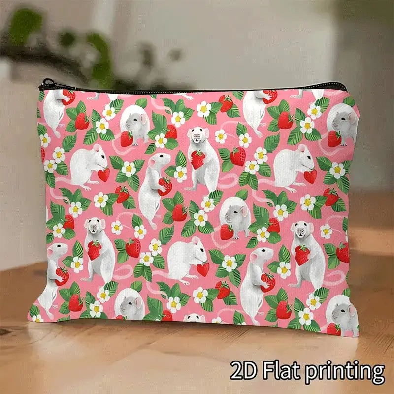 1 Piece Mouse Tasting Strawberries Makeup Bag - Women's Multifunctional Zipper Pouch, Perfect Travel Zipper Organizer, Fun Birthday Gift
