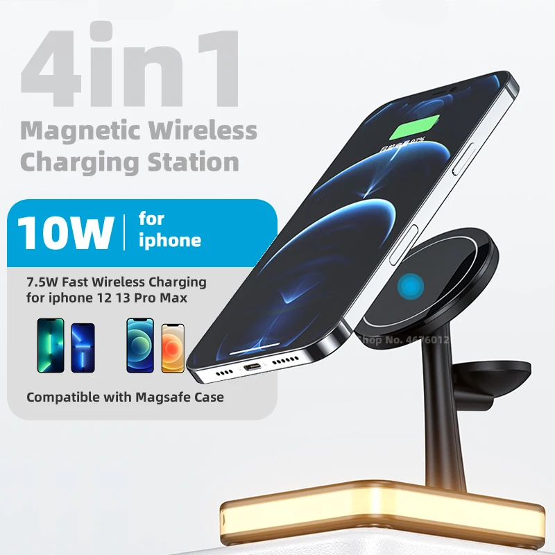 4 in 1 Wireless Station Fast Charger LED Night Light for iPhone 12 13 Airpods 3 2 Pro iWatch Compatible with Magsafe Case