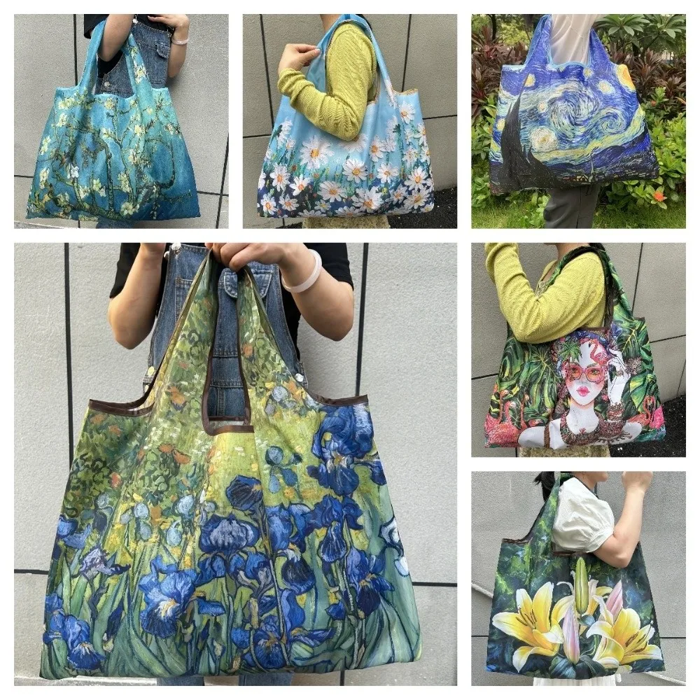 Oil Painting Print Folding Shopping Bag Portable Design Foldable Feature Grocery Bag Positioning Design Large Capacity