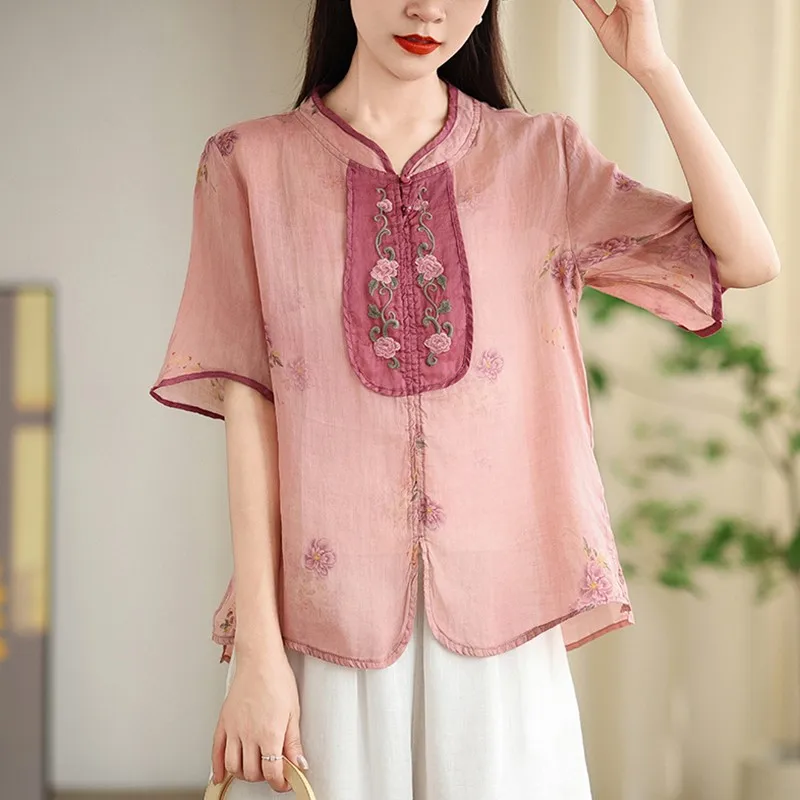 Women Summer Casual Shirt New Arrival 2024 Chinese Style Vintage Floral Embroidery Loose Female Short Sleeve Tops Shirts B3880