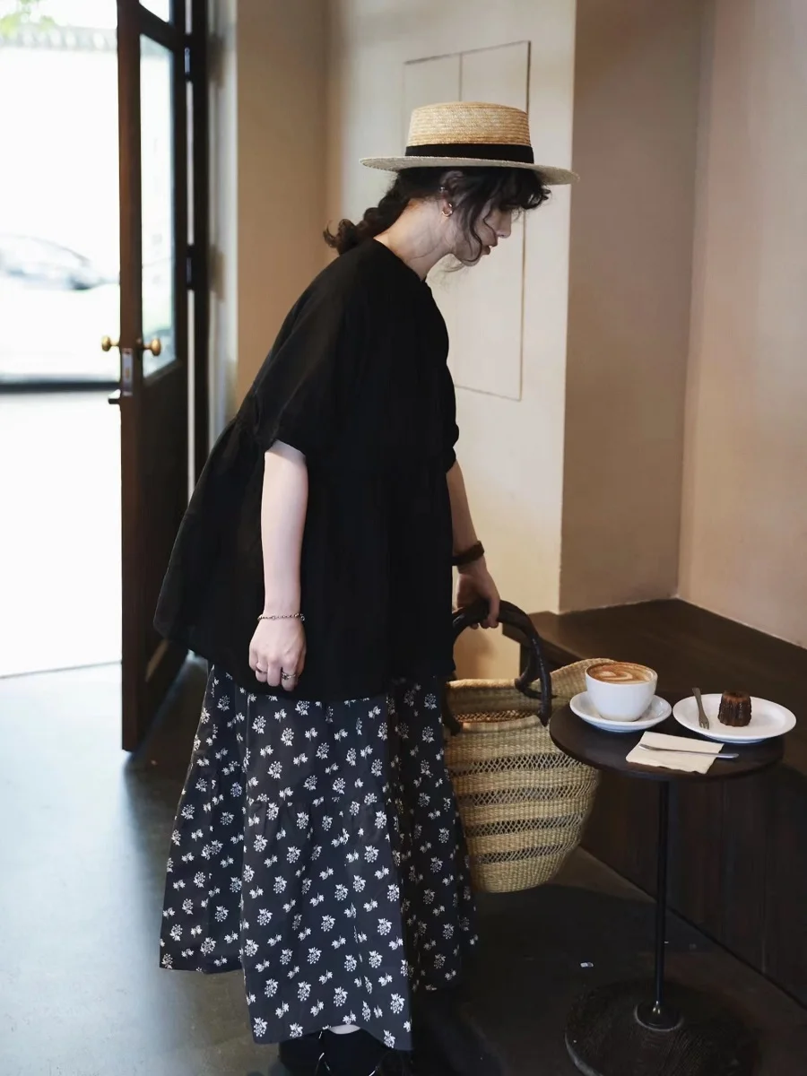 

Sweet Floral Print Maxi Skirt Japanese Style High Waist A-Line Cotton Gown for Women And Natural Forest System Cake Skirt