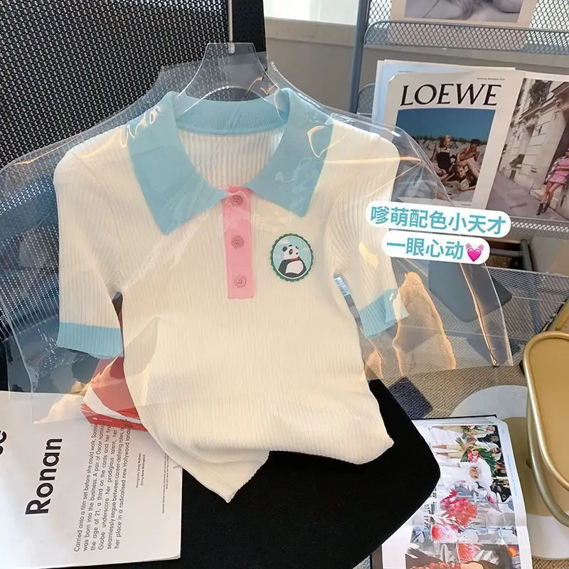 

Summer Vintage Sweet Casual Turn-down Collar Short Sleeve Top Tee Women Fashion Commute Contrast Patchwork Panda T-shirt