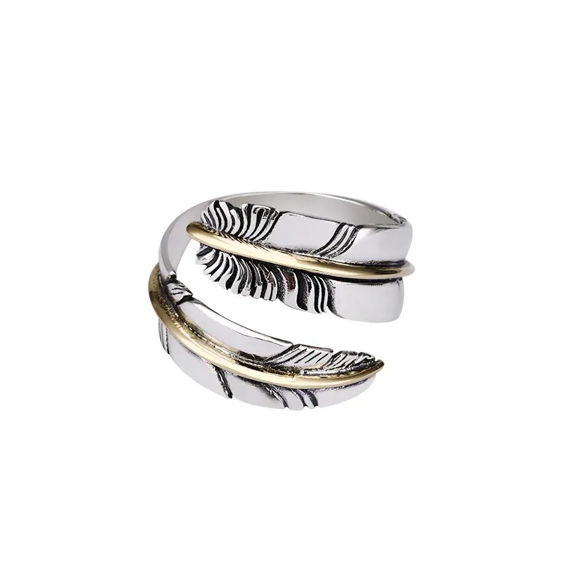 

925 Sterling Silver Feather Ring Men's Fashion Brand Opening Simple Personality Single Ring Retro Women's Ring