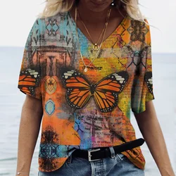 2023 Zomer Dames T-Shirt Vintage Casual Mode V-Hals Pullover Korte Mouw Vlinder Print Losse Dagelijkse Tops Design Kleding