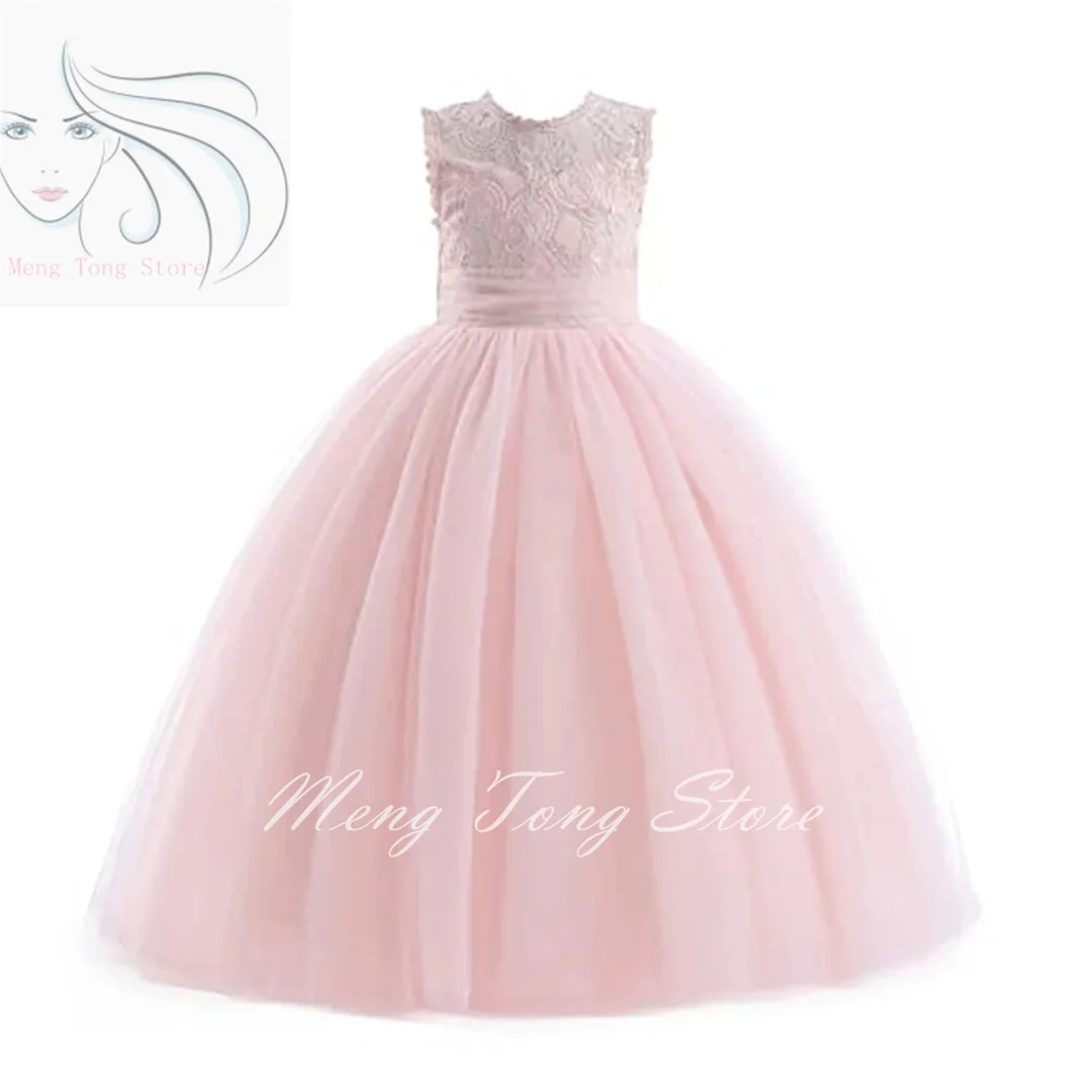 Rosa Tüll flauschige Blumen mädchen Kleid Spitze ärmellose Applikation für Hochzeit Kinder Prinzessin Geburtstags feier Erstkommunion Ballkleider