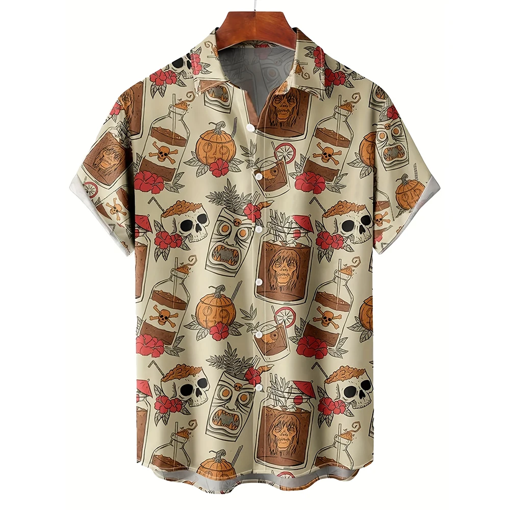 Dark Style Skull Pattern Shirt Street Trend Hip Hop Y2k Clothing Personality Unisex Summer Breathable Lapel Short-sleeved Shirt