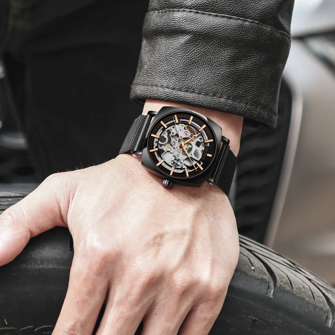 Original Luxury Brands Square Elegant Steel Skeleton Automatic Movement Man Watch Mechanical Wrist Watches Mesh Strap Clockwork