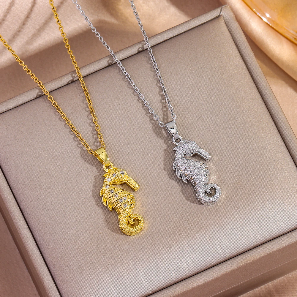 18K vergoldete Mikro eingelegte Zirkon Seepferdchen Anhänger Halsketten für Frauen Punk Stil weibliche Edelstahl Halskette Schmuck